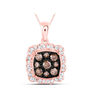 10kt Rose Gold Womens Round Brown Diamond Square Pendant 3/8 Cttw