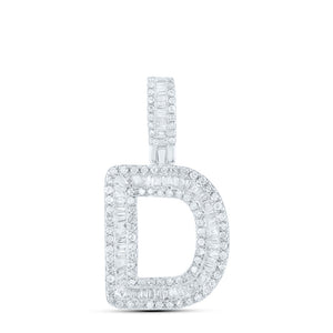10kt White Gold Mens Baguette Diamond D Initial Letter Pendant 1/2 Cttw