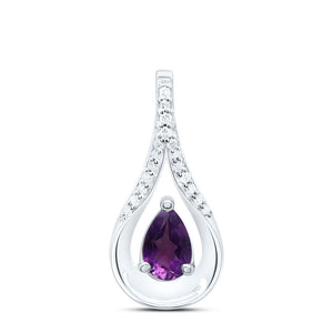 Sterling Silver Womens Pear Synthetic Amethyst Solitaire Diamond Teardrop Pendant 1/2 Cttw