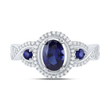 10kt White Gold Womens Oval Synthetic Blue Sapphire 3-stone Ring 1-1/2 Cttw