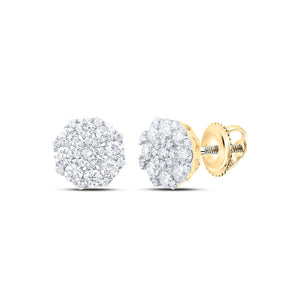 10kt Yellow Gold Womens Round Diamond Octagon Cluster Earrings 7/8 Cttw
