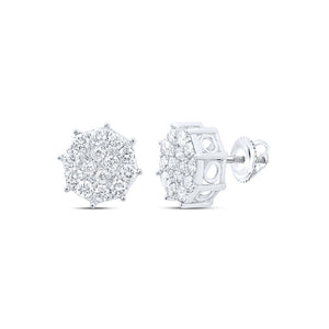 10kt White Gold Womens Round Diamond Octagon Cluster Earrings 7/8 Cttw