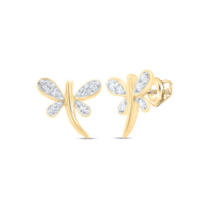 10kt Yellow Gold Womens Round Diamond Dragonfly Butterfly Bug Stud Earrings 1/20 Cttw