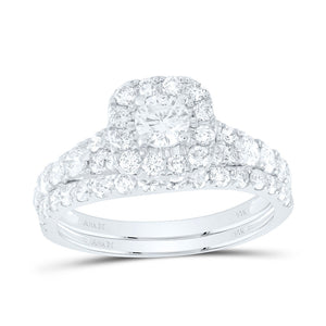14kt White Gold Round Diamond Halo Bridal Wedding Ring Band Set 1-1/2 Cttw