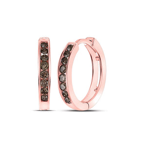 10kt Rose Gold Womens Round Brown Diamond Hoop Earrings 1/4 Cttw