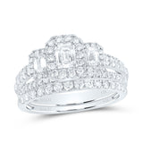 14kt White Gold Emerald Diamond 3-Stone Bridal Wedding Ring Band Set 1-1/2 Cttw