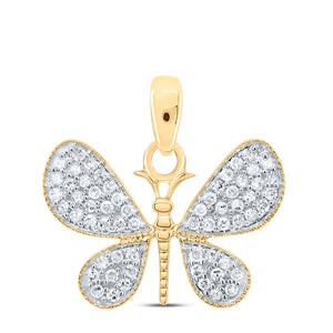 10kt Yellow Gold Womens Round Diamond Butterfly Bug Pendant 1/3 Cttw