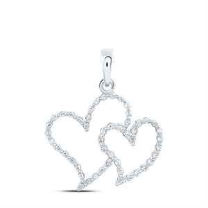 10kt White Gold Womens Round Diamond Double Heart Pendant 1/6 Cttw