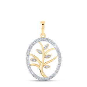 10kt Yellow Gold Womens Round Diamond Tree Oval Pendant 1/10 Cttw