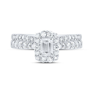 14kt White Gold Emerald Diamond Halo Bridal Wedding Ring Band Set 1 Cttw