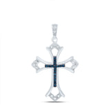 Sterling Silver Womens Round Blue Color Enhanced Diamond Cross Pendant 1/10 Cttw