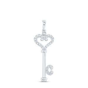 10kt White Gold Womens Round Diamond Key Pendant 1/6 Cttw