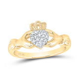 10kt Yellow Gold Womens Round Diamond Claddagh Hands & Heart Cluster Ring 1/20 Cttw