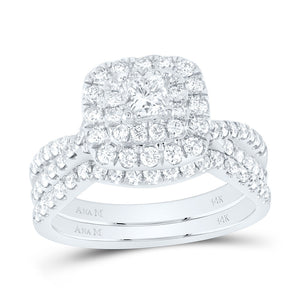 14kt White Gold Princess Diamond Halo Bridal Wedding Ring Band Set 1-1/2 Cttw