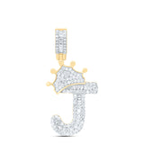 10kt Yellow Gold Mens Baguette Diamond Crown J Letter Charm Pendant 1/2 Cttw