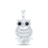 10kt White Gold Womens Round Black Color Enhanced Diamond Owl Bird Animal Pendant 1/6 Cttw