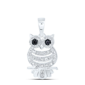 10kt White Gold Womens Round Black Color Enhanced Diamond Owl Bird Animal Pendant 1/6 Cttw