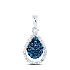 10kt White Gold Womens Round Blue Color Enhanced Diamond Teardrop Pendant 1/2 Cttw