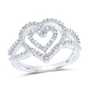 Sterling Silver Womens Round Diamond Nested Double Heart Ring 1/20 Cttw