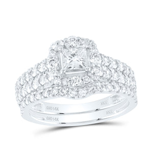 14kt White Gold Princess Diamond Halo Bridal Wedding Ring Band Set 1-1/2 Cttw