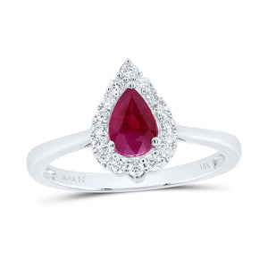 14kt White Gold Womens Pear Ruby Diamond Halo Fashion Ring 3/4 Cttw