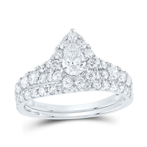 14kt White Gold Pear Diamond Halo Bridal Wedding Ring Band Set 1-1/2 Cttw
