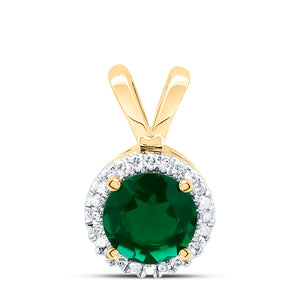 10k Yellow Gold Womens Synthetic Emerald Solitaire & Diamond Halo Pendant 7/8 Cttw