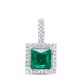 10kt White Gold Womens Cushion Synthetic Emerald Solitaire & Diamond Pendant 1-3/8 Cttw