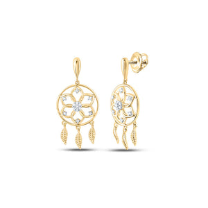 10kt Yellow Gold Womens Round Diamond Dream Catcher Dangle Earrings 1/10 Cttw