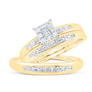 10kt Yellow Gold His Hers Round Diamond Solitaire Matching Wedding Set 1/10 Cttw