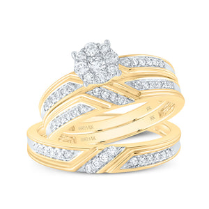 14kt Yellow Gold His Hers Round Diamond Cluster Matching Wedding Set 1/2 Cttw