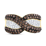 10kt Yellow Gold Womens Round Brown Diamond Crossover Stripe Band Ring 1 Cttw