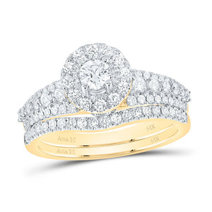 14kt Yellow Gold Round Diamond Halo Bridal Wedding Ring Band Set 1 Cttw