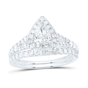 14kt White Gold Pear Diamond Halo Bridal Wedding Ring Band Set 1-1/2 Cttw