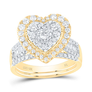 10kt Yellow Gold Round Diamond Heart Bridal Wedding Ring Band Set 1-1/4 Cttw