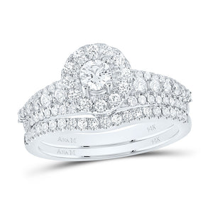 14kt White Gold Round Diamond Halo Bridal Wedding Ring Band Set 1 Cttw