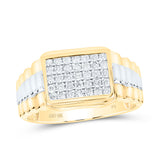 10kt Yellow Gold Mens Round Diamond Rectangle Cluster Ribbed Two-tone Ring 1/2 Cttw