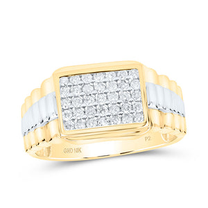 10kt Yellow Gold Mens Round Diamond Rectangle Cluster Ribbed Two-tone Ring 1/2 Cttw