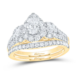 14kt Yellow Gold Pear Diamond Halo Bridal Wedding Ring Band Set 1-1/2 Cttw