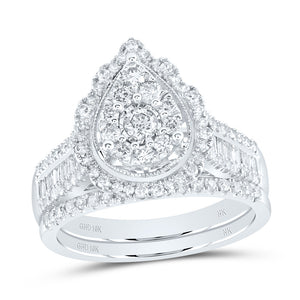 10kt White Gold Round Diamond Pear-shape Bridal Wedding Ring Band Set 1 Cttw