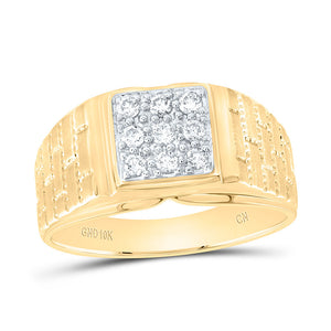 10kt Yellow Gold Mens Round Diamond Brick Square Ring 1/4 Cttw