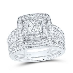 10kt White Gold Round Diamond Halo Bridal Wedding Ring Band Set 1 Cttw
