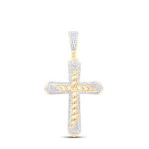 10kt Yellow Gold Mens Round Diamond Cuban Link Cross Charm Pendant 1/2 Cttw