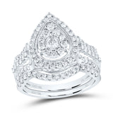 10kt White Gold Round Diamond Pear-shape Bridal Wedding Ring Band Set 1 Cttw