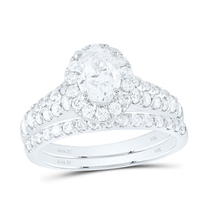 14kt White Gold Oval Diamond Halo Bridal Wedding Ring Band Set 2 Cttw