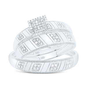 Sterling Silver His Hers Round Diamond Square Matching Wedding Set 1/4 Cttw
