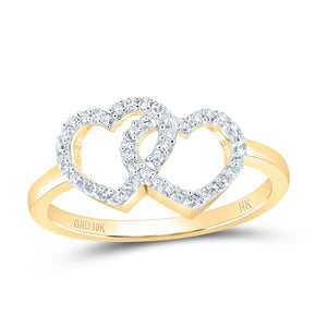 10kt Yellow Gold Womens Round Diamond Double Heart Ring 1/5 Cttw