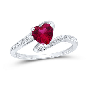 Sterling Silver Womens Heart Synthetic Ruby Solitaire Diamond Ring 1 Cttw