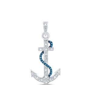 Sterling Silver Womens Round Blue Color Enhanced Diamond Nautical Anchor Pendant 1/10 Cttw