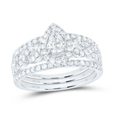 10kt White Gold Pear Diamond 3-Piece Bridal Wedding Ring Band Set 7/8 Cttw